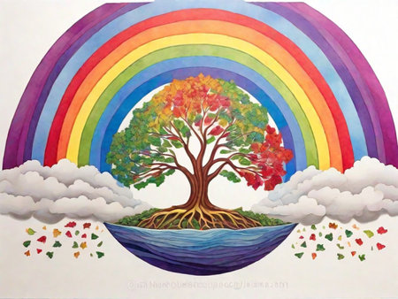 Watercolor painting of a rainbow and a tree on a white backgroundの素材
