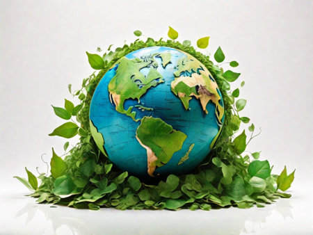 Globe with green leaves on white background. Earth day concept.の素材