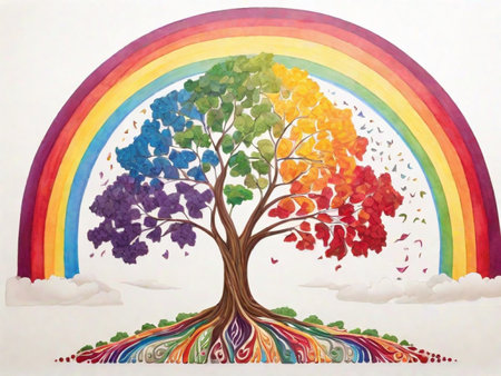 Rainbow and tree on white background. Hand-drawn illustration.の素材