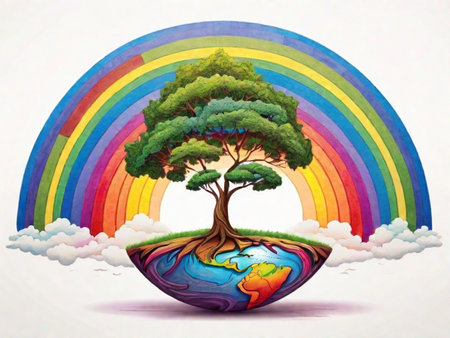 Illustration of a rainbow and a tree in the form of a planetの素材