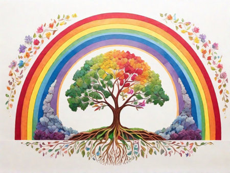 Rainbow and tree with flowers on a white background. Illustrationの素材