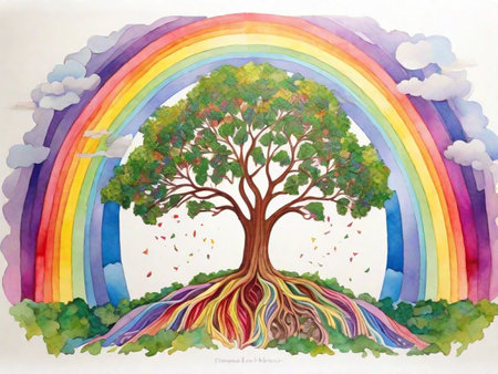 Rainbow and tree on white background. Watercolor painting. Hand drawn illustration.の素材