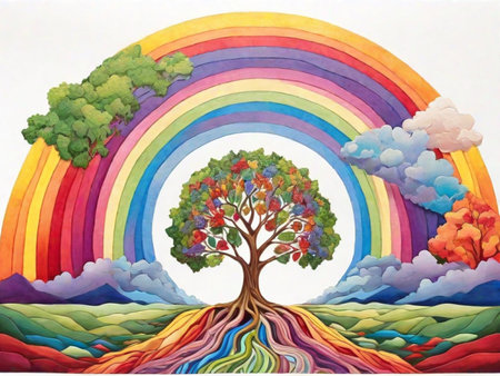 Rainbow and tree in the forest. Illustration for children.の素材