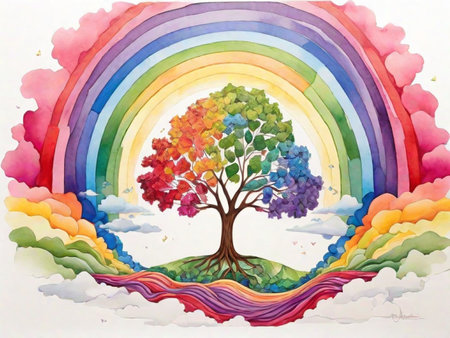 Watercolor painting of a tree and rainbow in the sky. Watercolor illustrationの素材