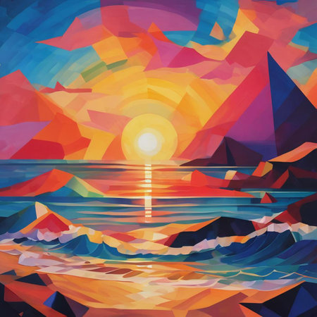 Colorful abstract background of the sea and mountains. Illustration.の素材