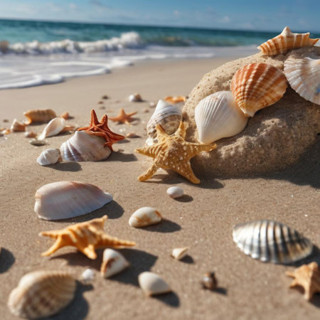 Seashells on the sandy beach. Summer vacation background.の素材
