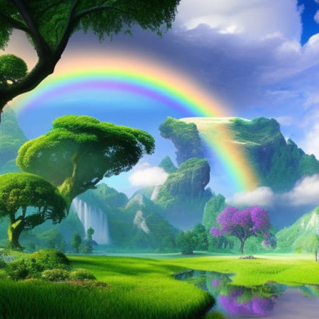 Rainbow over green meadow and trees in the rainforest.の素材