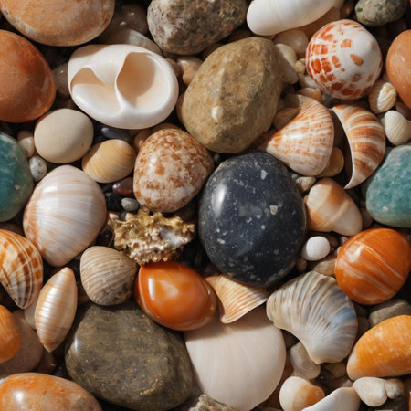 colorful seashells and pebbles as a background textureの素材