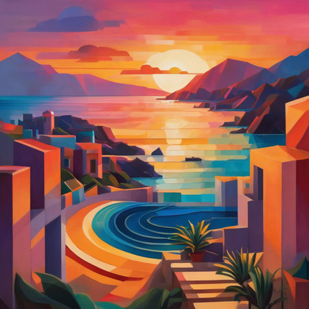 sunset over the sea, colorful illustration, oil painting on canvasの素材