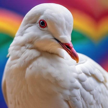 White dove on a rainbow background. Close-up portrait of a bird.の素材