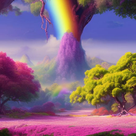 Landscape with a rainbow in the background of a large tree and purple flowersの素材