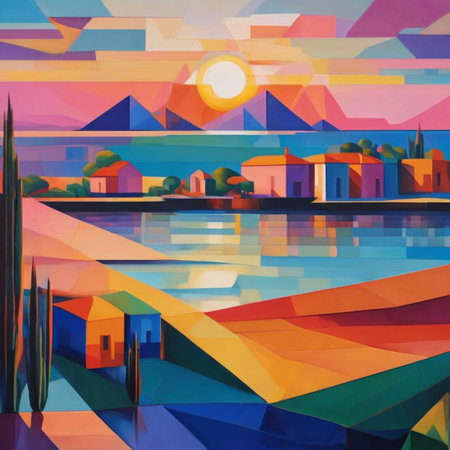 Colorful abstract painting of a small town on the lake. Digital illustration.の素材