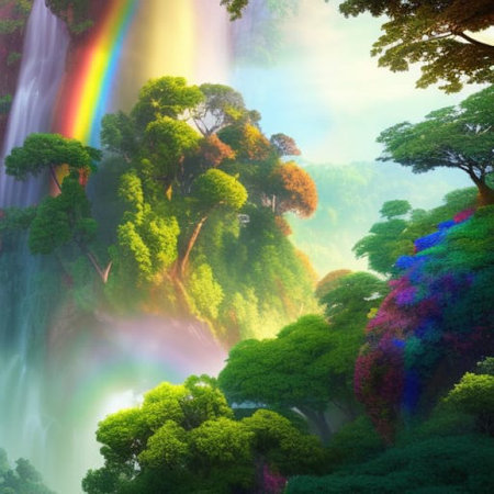 Rainbow over the forest and the waterfall in the rainforest.の素材