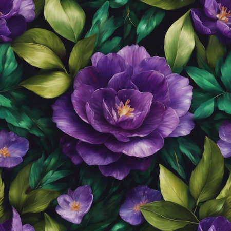 Beautiful purple peony flowers and green leaves. Floral background.の素材