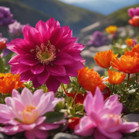 Colorful flowers on the background of the mountains in the summer.の素材