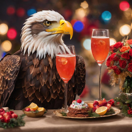 Eagle with two glasses of champagne on the background of the Christmas treeの素材