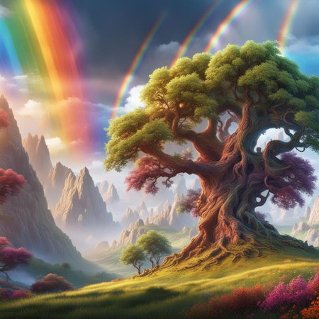Fantasy landscape with a big tree and rainbow in the sky.の素材