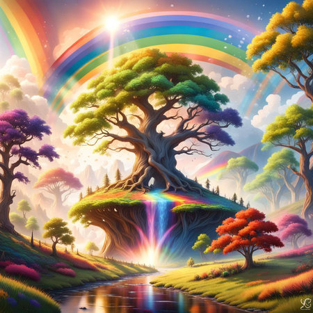 Rainbow in fantasy landscape with tree and rainbow - illustration for childrenの素材