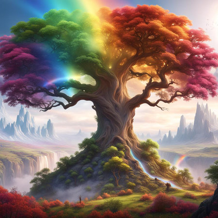 Fantasy landscape with a big tree in the middle of the forestの素材