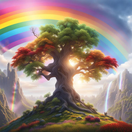 Beautiful fantasy landscape with a big tree and rainbow in the skyの素材