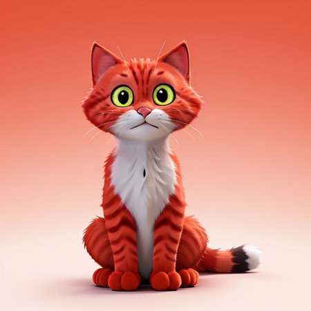 Red cat with big eyes sitting on a red background. 3d renderingの素材