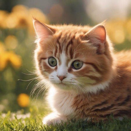 Cute ginger cat with green eyes lying on the grass in the gardenの素材