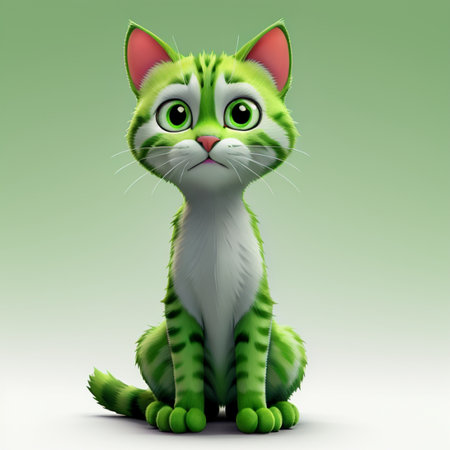 Cartoon cat sitting on green background with space for your text.の素材