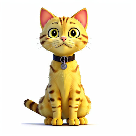 3d rendered illustration of a cute cartoon cat sitting on white backgroundの素材