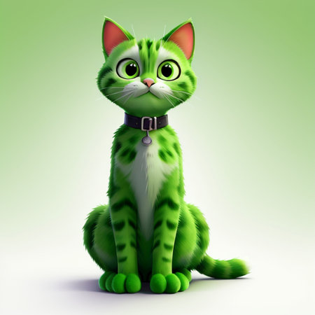 Cute green cat sitting on green background. 3D rendering.の素材