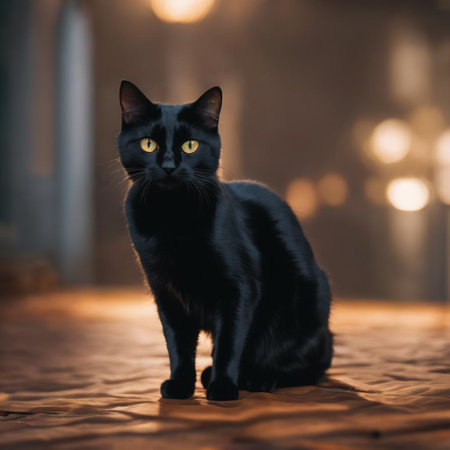 Beautiful black cat with yellow eyes on the background of the night cityの素材