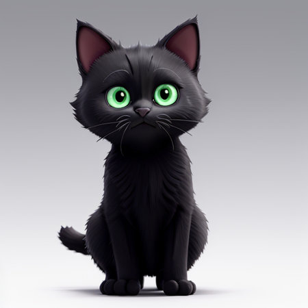 Black cat with green eyes on a gray background. 3d renderingの素材