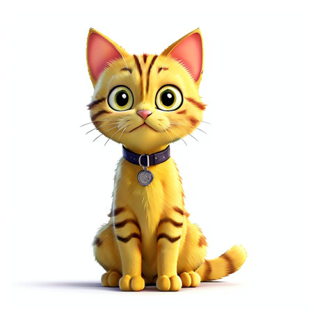 3D rendering of a cute cartoon cat sitting on white background.の素材