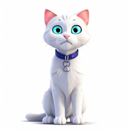 3D rendered illustration of a cute white cat with a collar.の素材