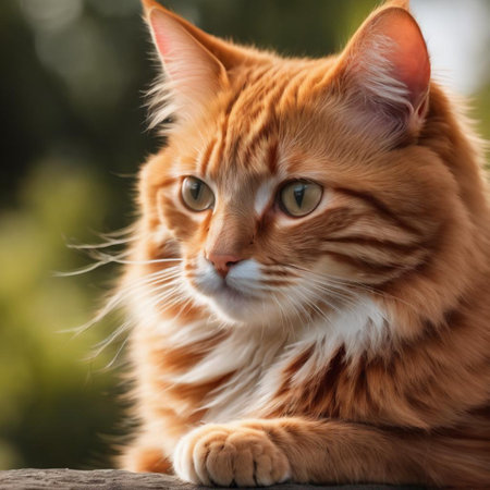 Portrait of a red cat with yellow eyes on a blurred backgroundの素材
