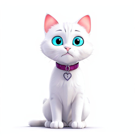 Cute white cat with blue eyes sitting on white background. 3D rendering.の素材
