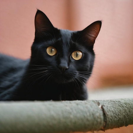 Black cat with yellow eyes sitting on a fence. Selective focus.の素材