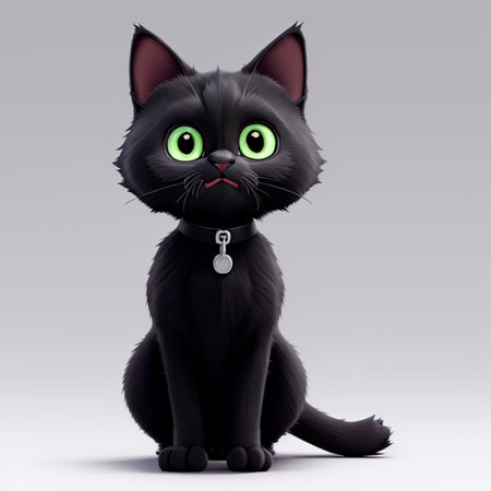 Black cat with green eyes sitting on a gray background. 3D rendering.の素材