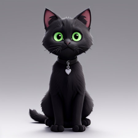 Black cat with green eyes sitting on gray background. 3D illustration.の素材