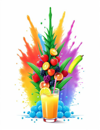 Fruit juice in a glass with a straw and fresh fruits on a colorful backgroundの素材