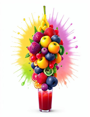 Fruit mix in a glass with splashes isolated on white backgroundの素材