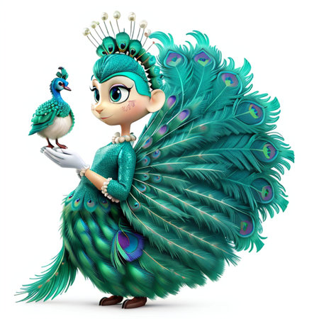 3d render of a cute fairy with peacock on white backgroundの素材
