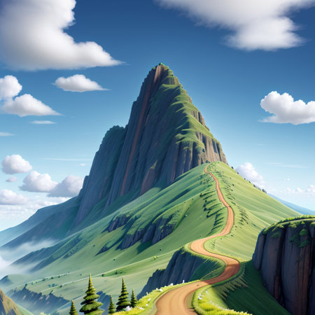 colorful fantasy landscape with road and mountain in the clouds. 3d illustrationの素材