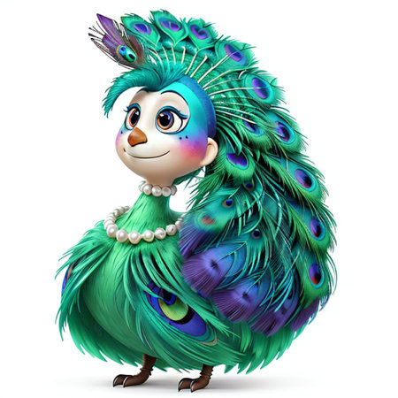 3d rendering of a cute cartoon peacock isolated on white backgroundの素材