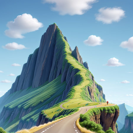 Road in the mountains and blue sky with clouds. 3d renderingの素材