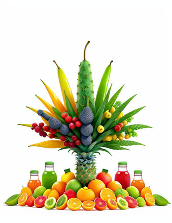 Fruits and vegetables on a white background. 3d illustration.の素材
