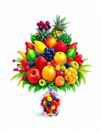 Fruit bouquet in glass vase isolated on white background.の素材