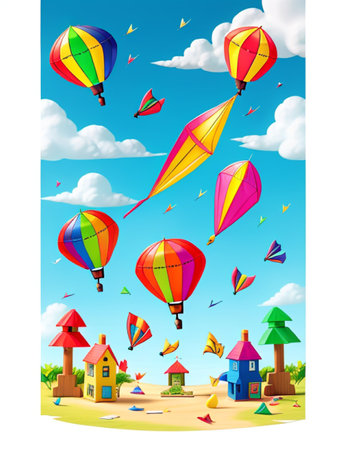 Children's playground with hot air balloons in the sky, vector illustrationの素材
