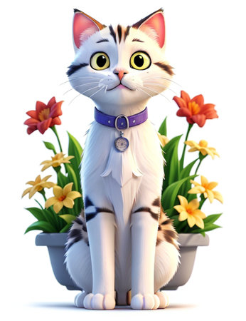3d rendered illustration of a cute cat with flowers on white backgroundの素材