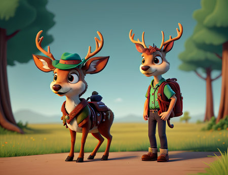 Cartoon happy deer couple in the park. 3d illustration.の素材