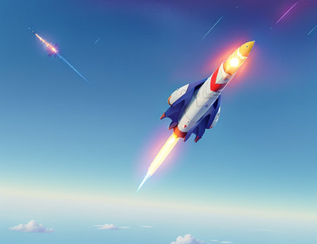 Rocket flying in the blue sky. 3D rendering. Illustration.の素材